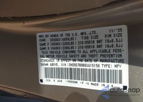 2006 Honda Cr-V Se z USA, uszkodzony, nr VIN SHSRD78986U415156